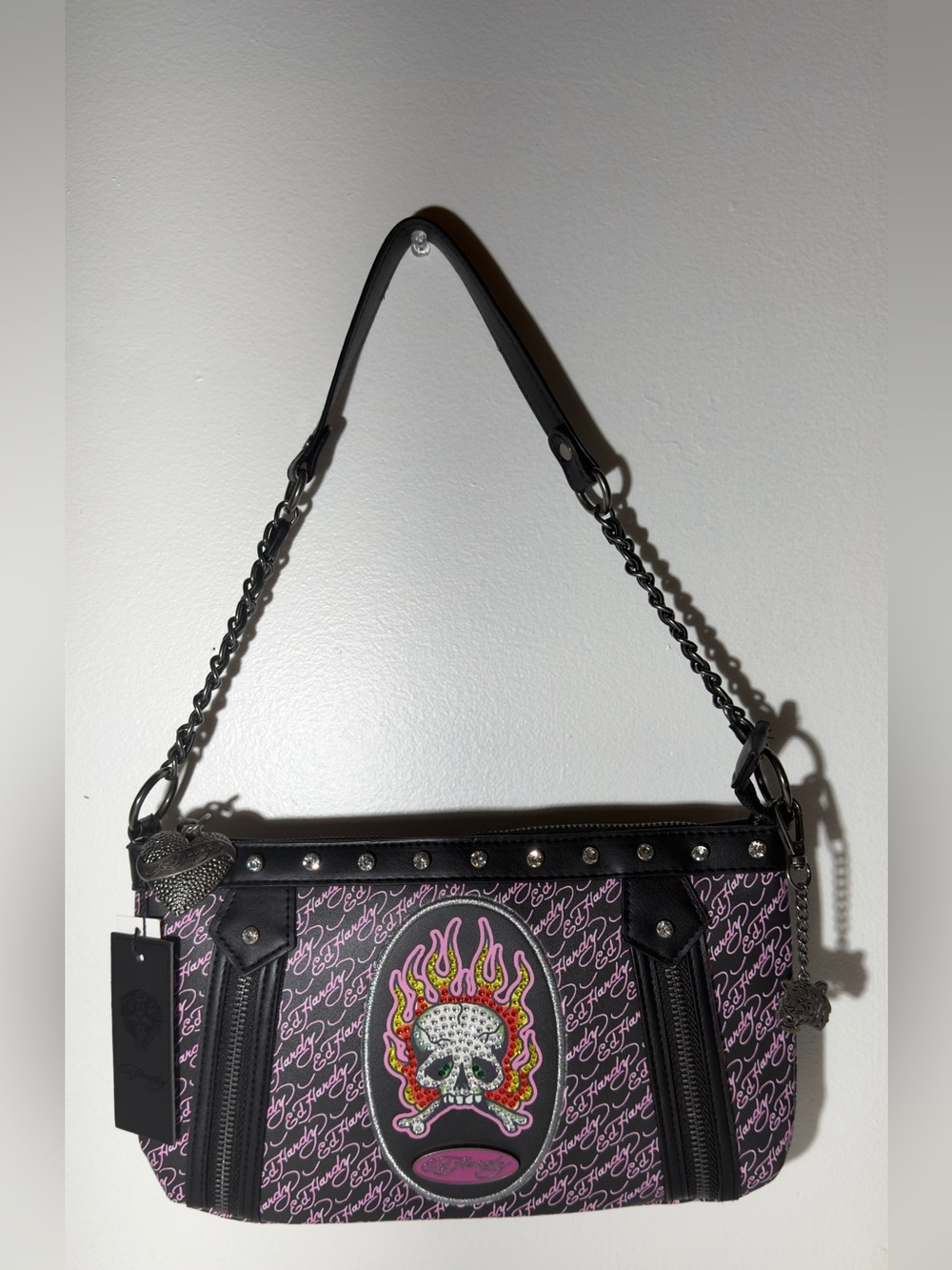 Ed Hardy Pink Flame Skull Shoulder Bag with Black Trim Rhinestone NWT